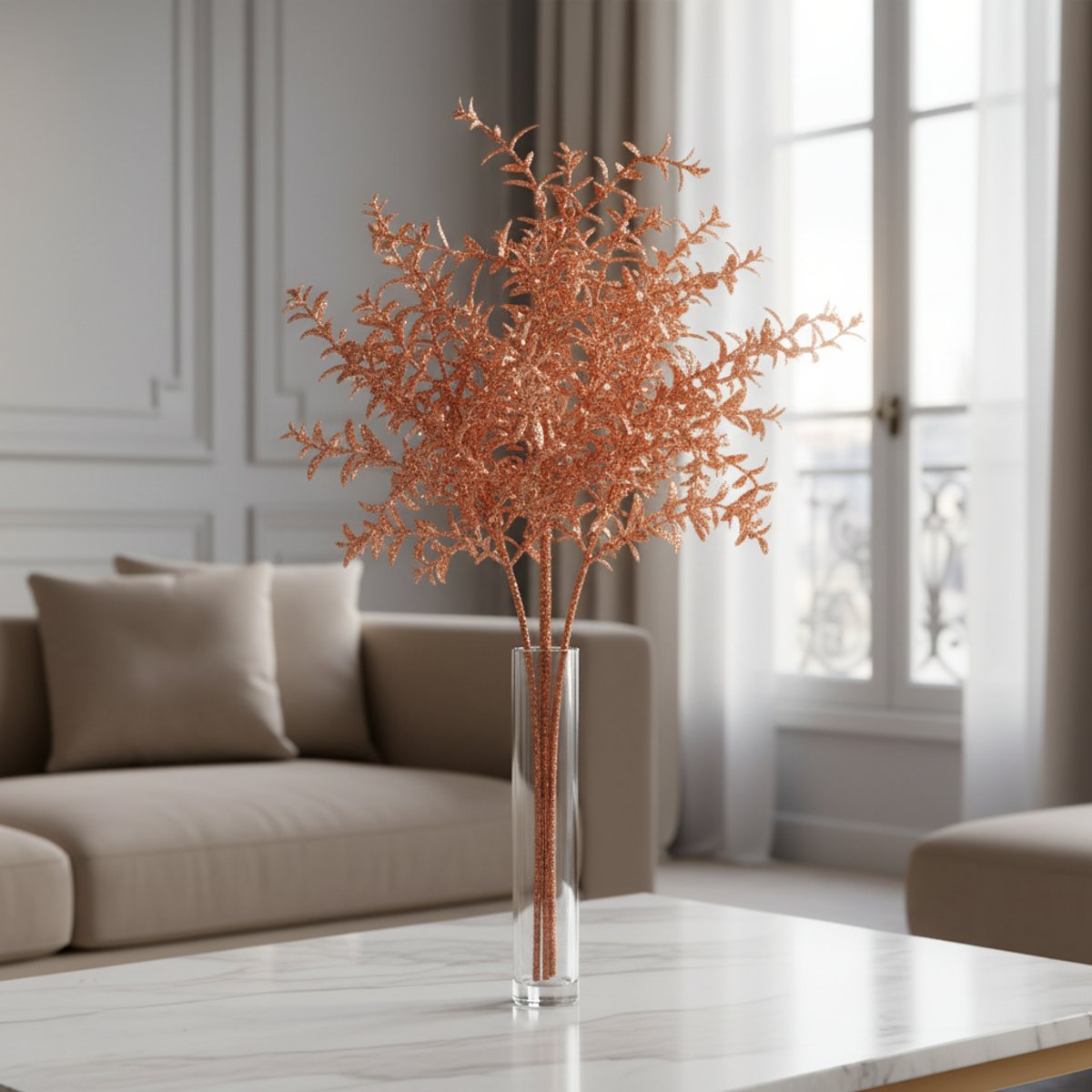 Feuillage pailleté artificielle H63 cuivre, SIA DECO