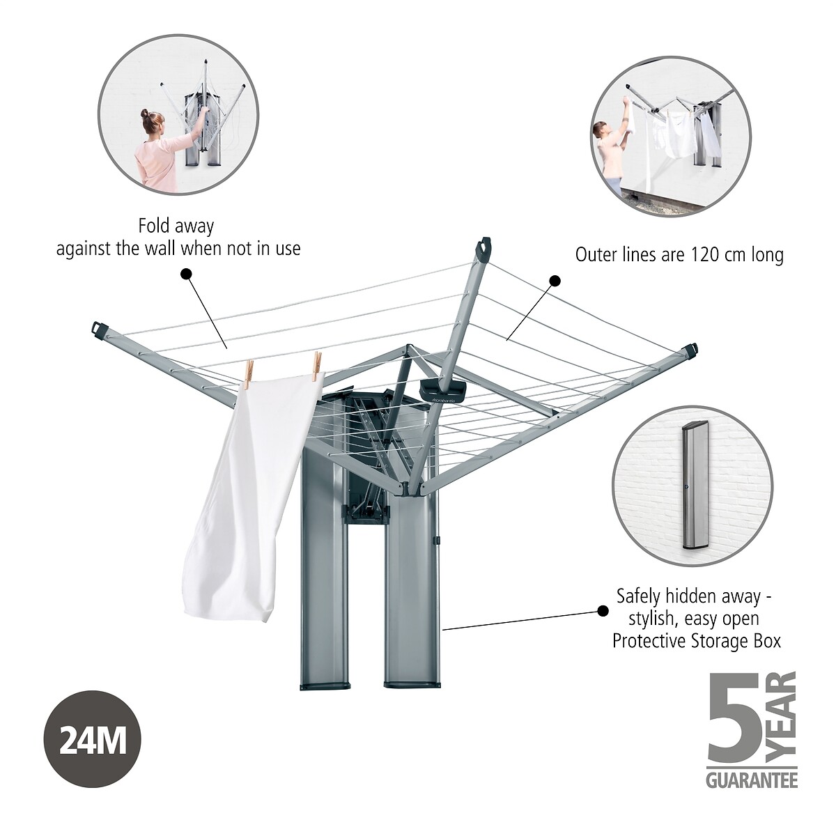 24m WallFix Washing Line with Protection Storage Box metallic grey, BRABANTIA
