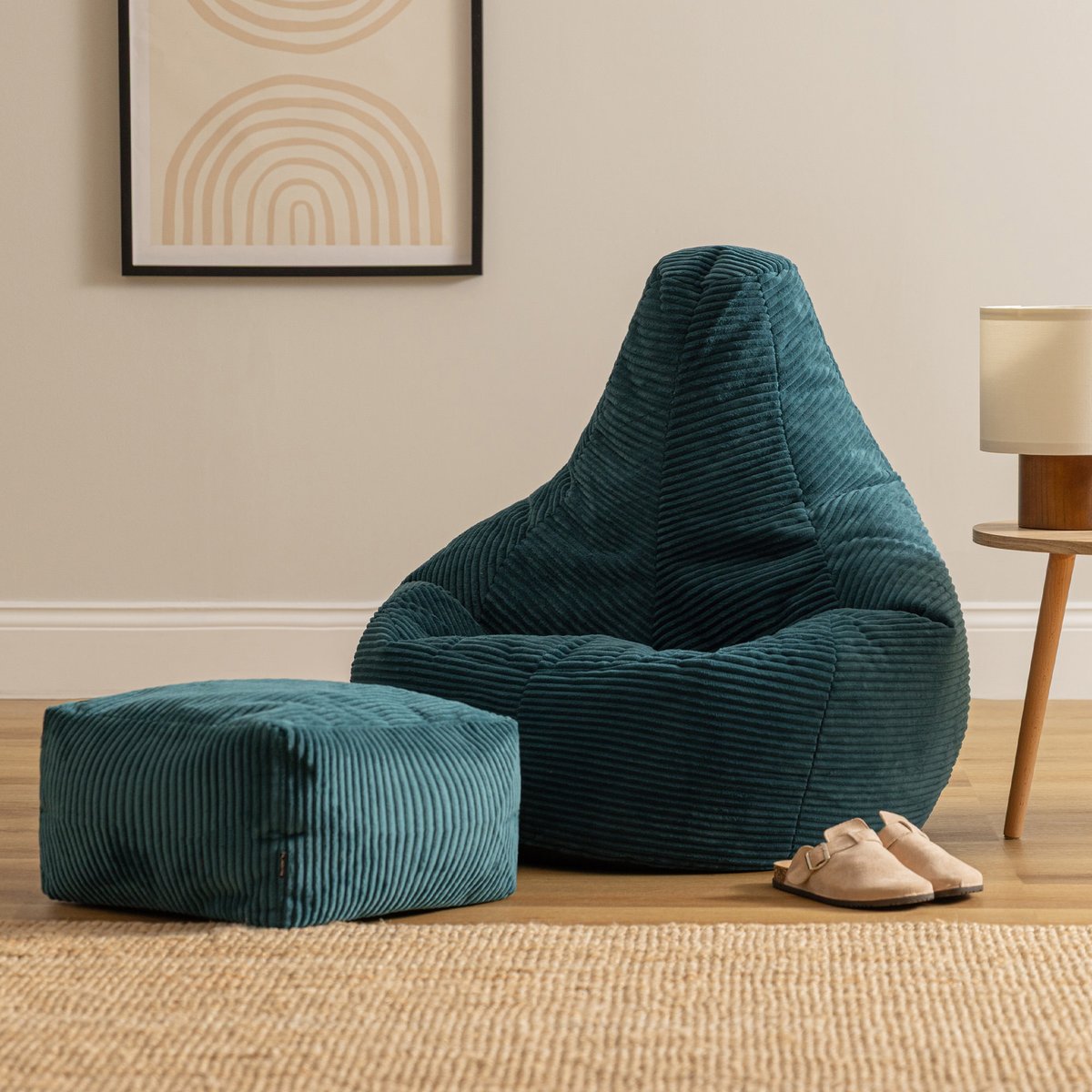 Pouf à dossier haut velours côtelé Oeko-Tex® - DALTON bleu canard, ICON