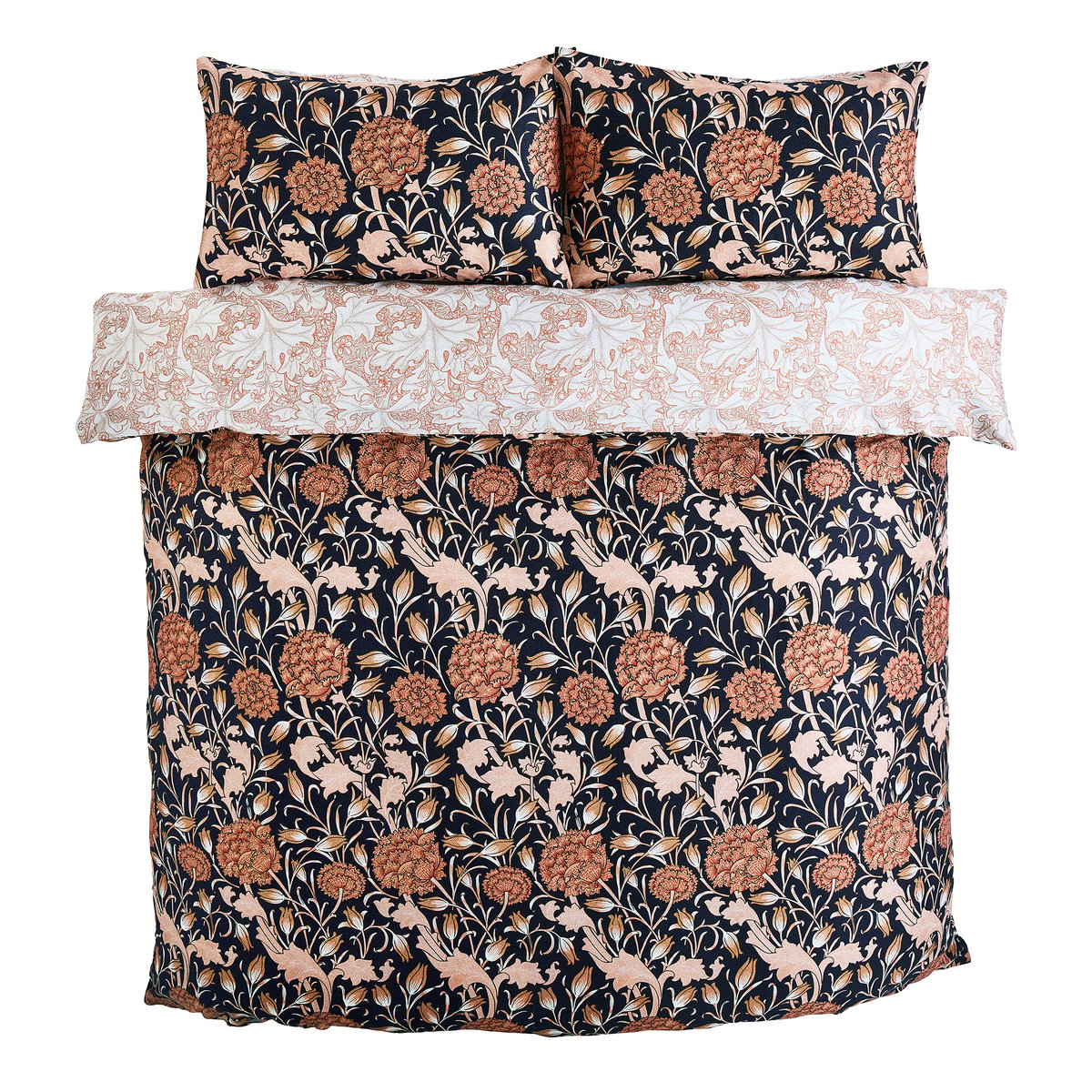 Parure de lit, housse de couette fleurie + 2 taies pour lit en 140 Pivoines et tulipes sauvages bleu, rose cuivré et orange safrané, WILLIAM MORRIS AT HOME