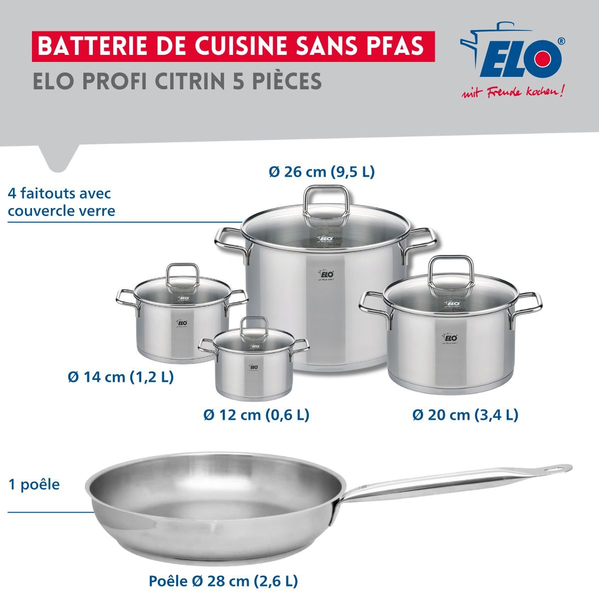 Batterie 1 poêle 28cm + 4 faitouts 12/14/20/26cm PROFI CITRIN inox, ELO