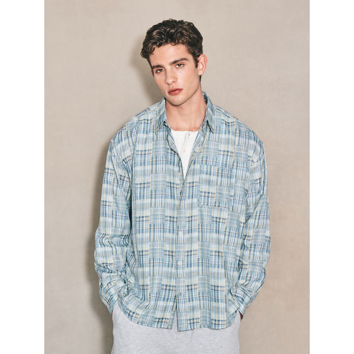 Chemise manches longues à carreaux patchwork bleu, NEXT