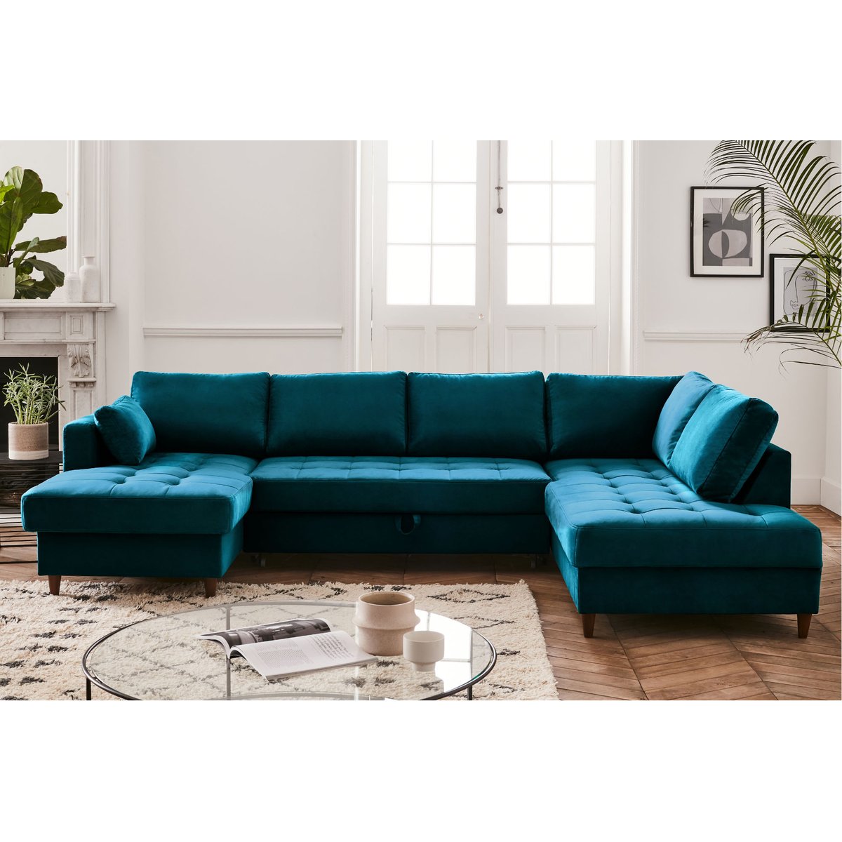 Canapé d'Angle Convertible 7 places - ANNA bleu canard, BEST MOBILIER