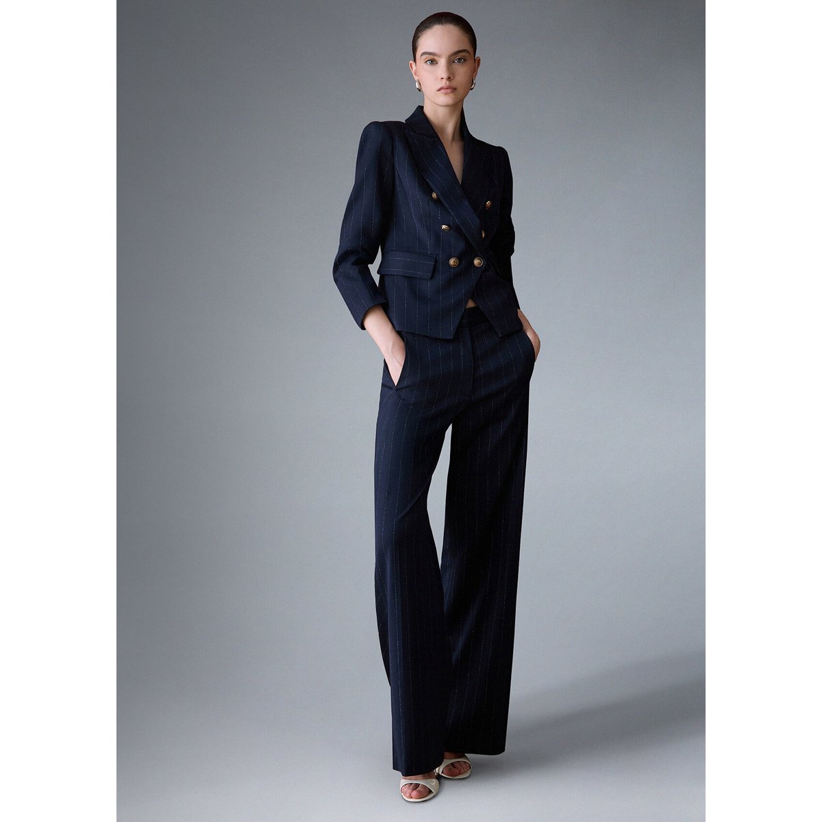 Pantalon droit à fines rayures bleu à rayures craie, LIU JO