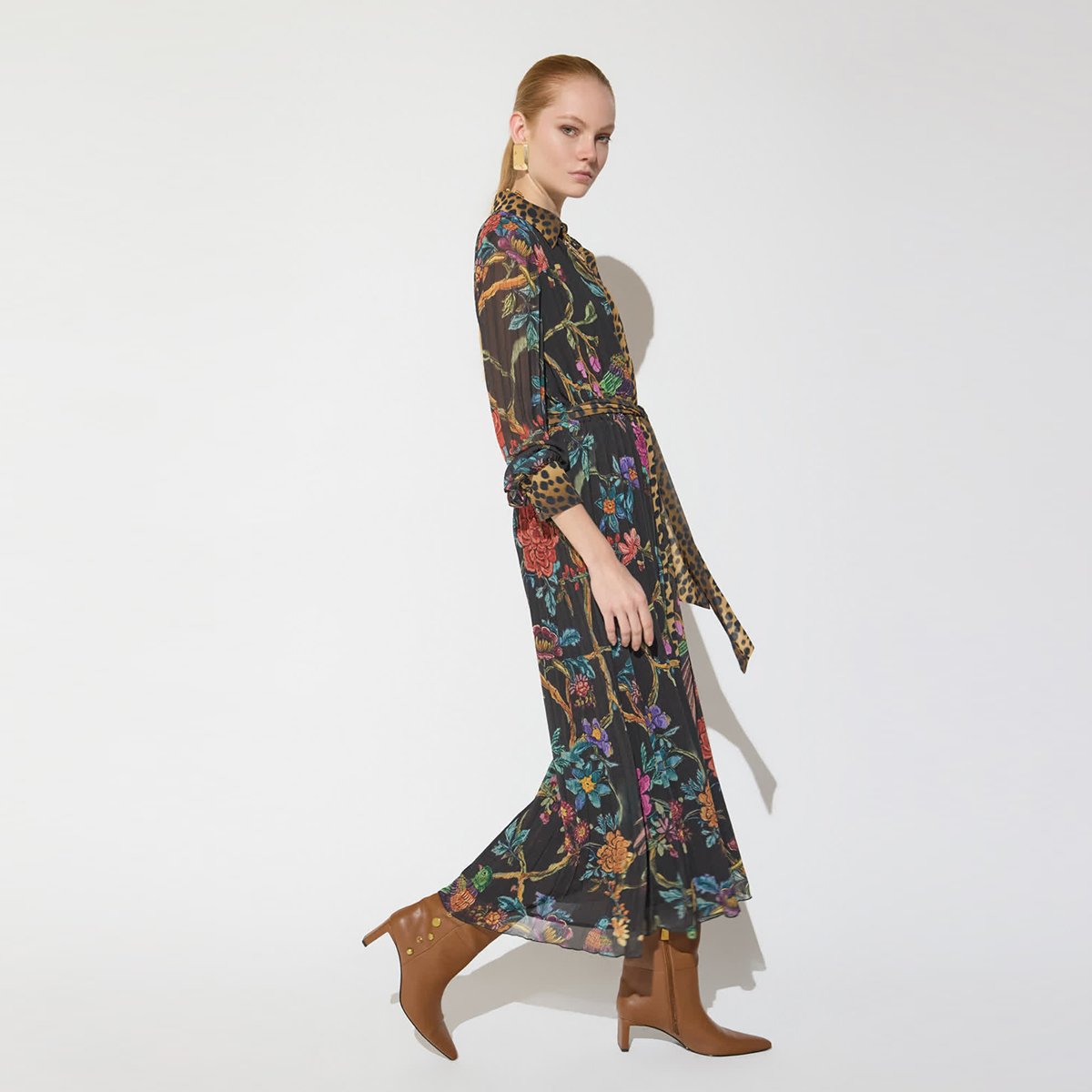 Robe midi plissée imprimée floral léopard marron foncé, LOLA CASADEMUNT