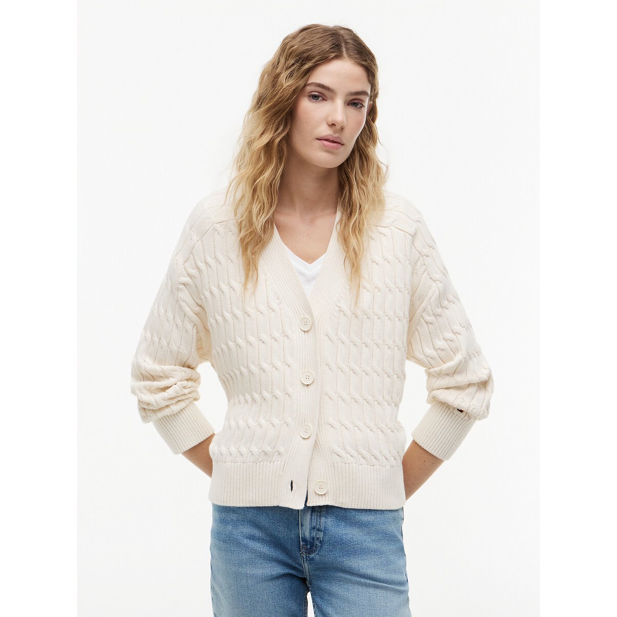 Cardigan boutonné col V torsadé ivoire, TOMMY HILFIGER