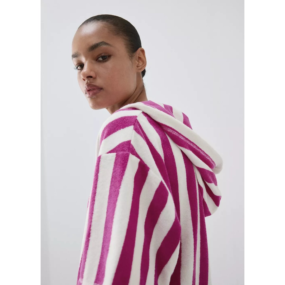 Sweat en coton bouclette à rayures fuchsia, MANGO