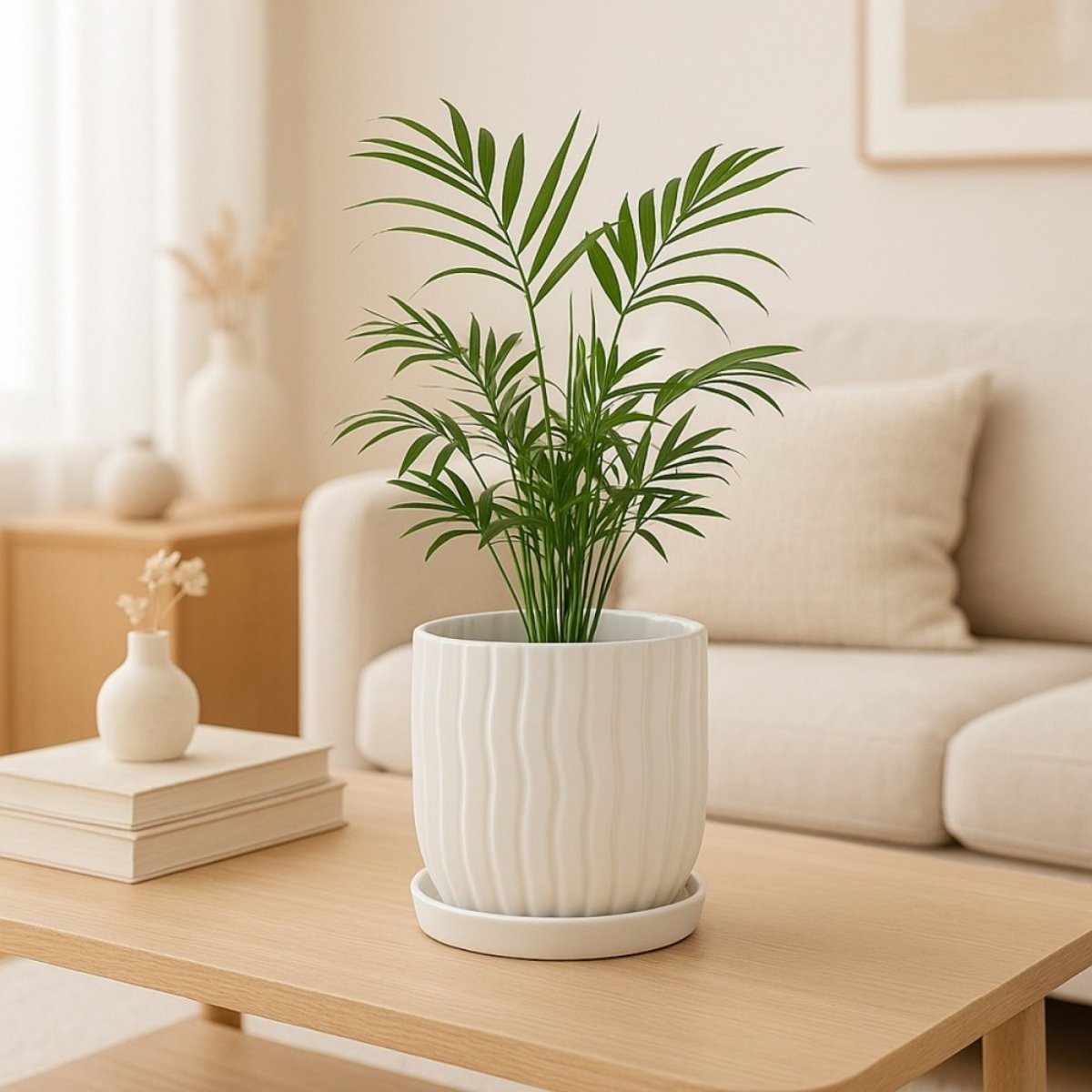 Cache-pot strié 20cm avec plateau beige, ORNAMI