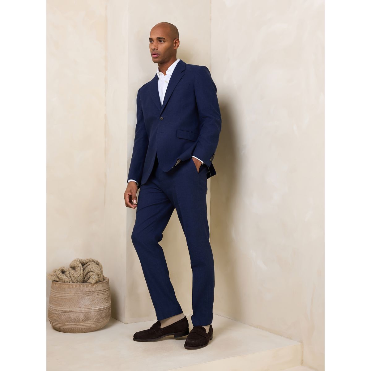 Veste de costume en mélange lin texturé bleu marine, NEXT