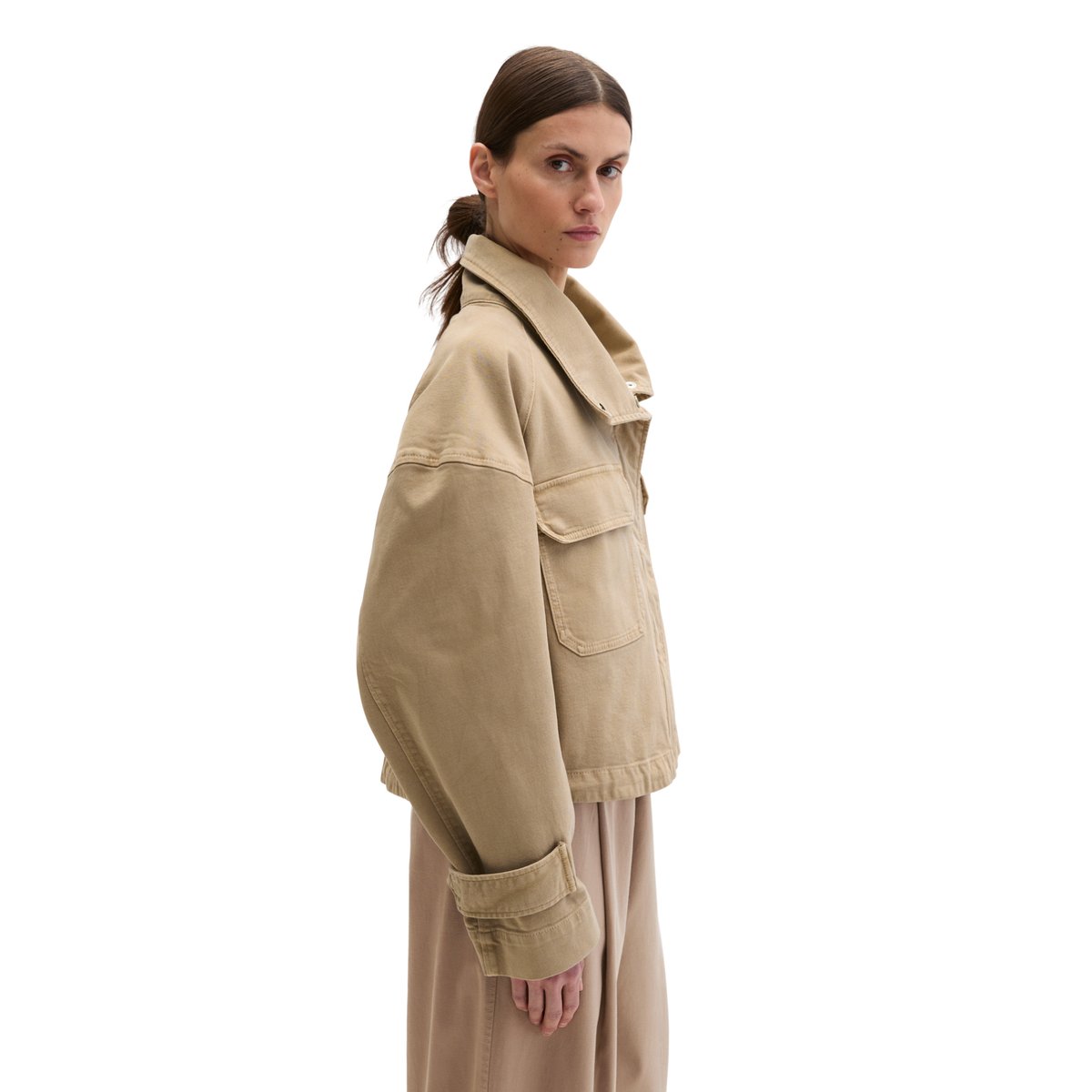 Veste Funnel-Neck loose en coton garment dyed marron, MARC O'POLO