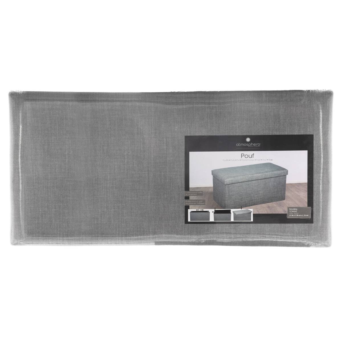 Banc-pouf pliant coffre de rangement en tissu TOMAZ gris, ATMOSPHERA