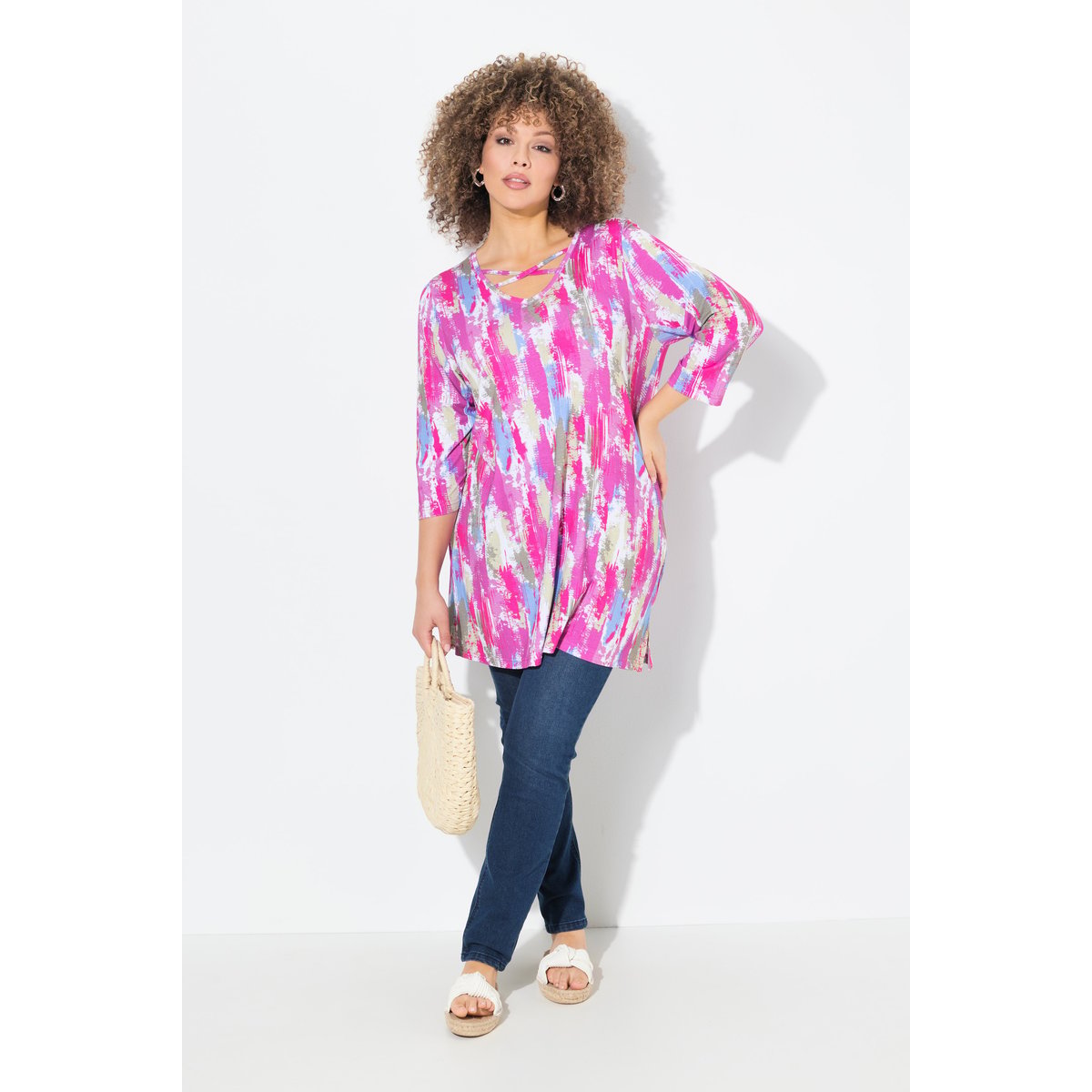 T-shirt long à petits rubans fantaisie. rose frais, ULLA POPKEN