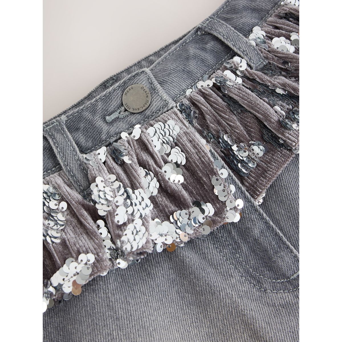 Jupe en denim péplum à paillettes grises/argentées, NEXT