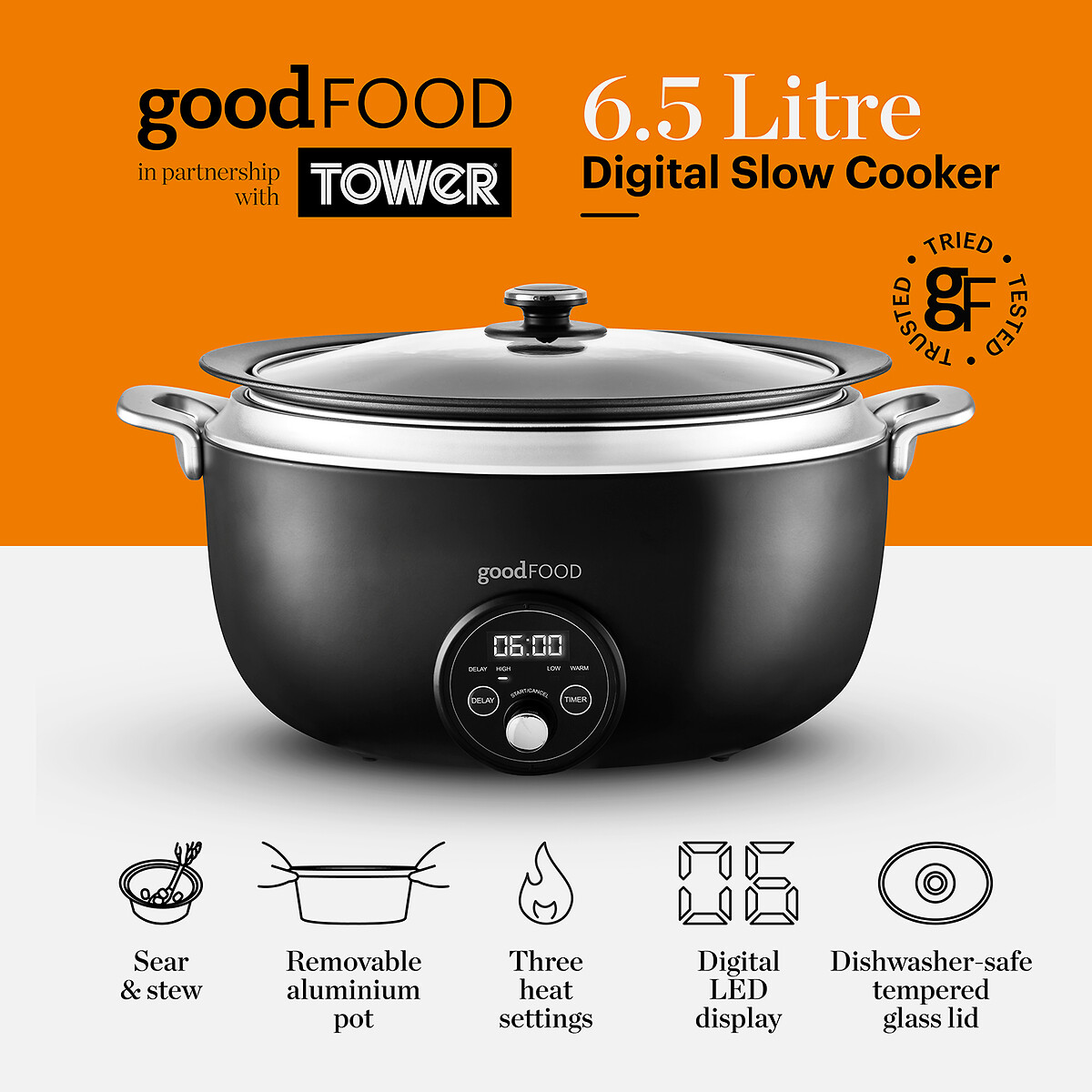6.5L Digital Slow Cooker stainless steel, GOOD FOOD BY TOWER