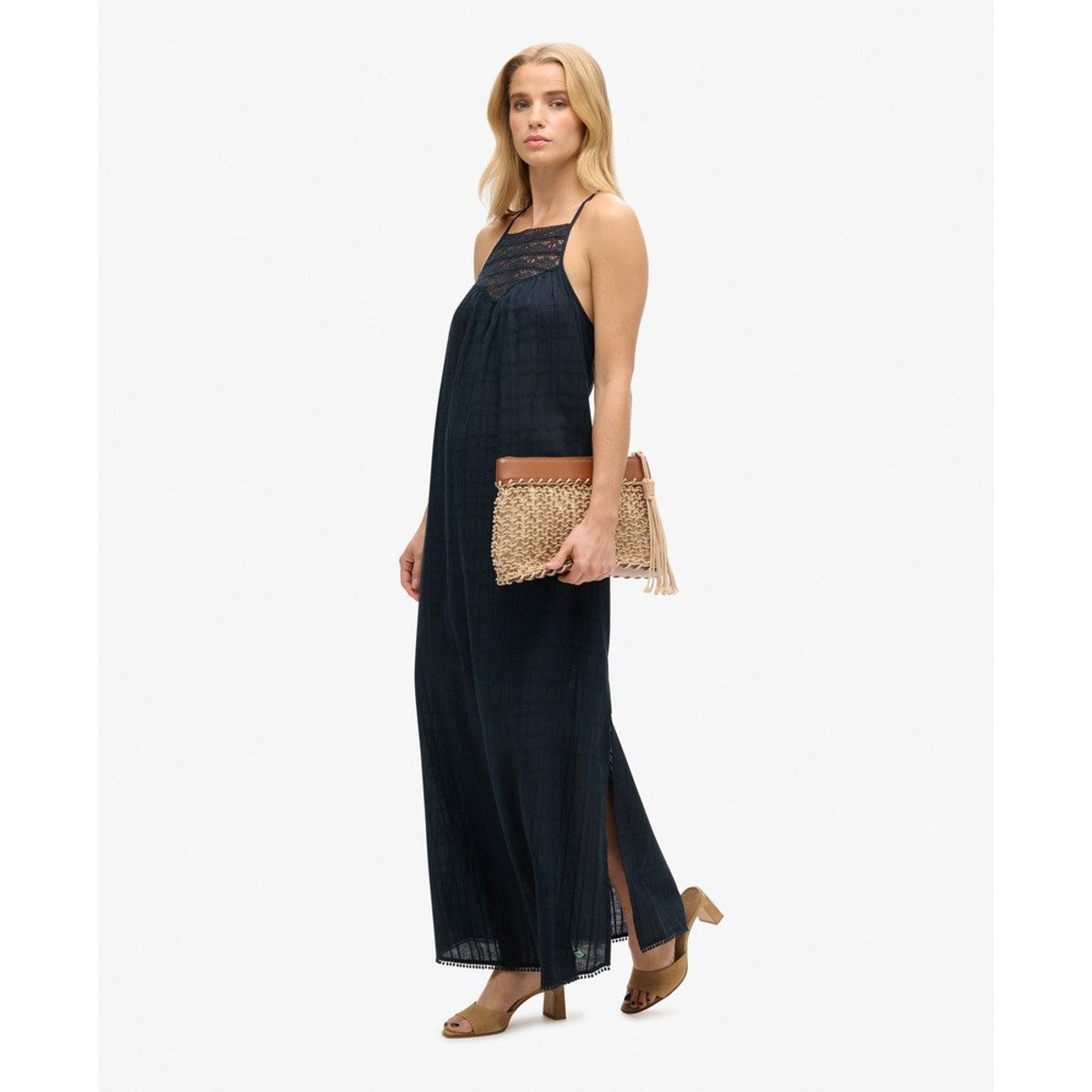 Robe de plage dos nu longue en dentelle bleu marine éclipse, SUPERDRY