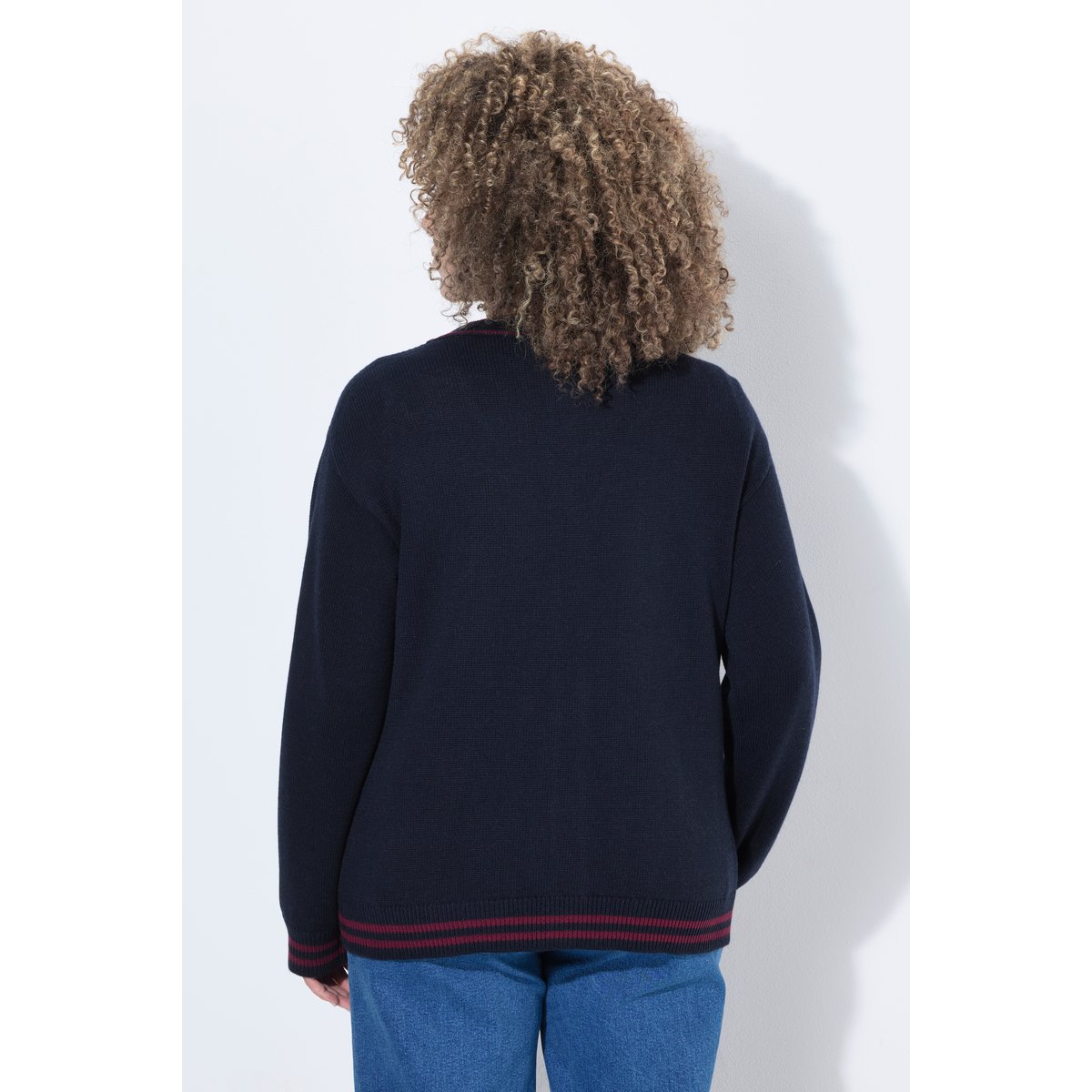 Cardigan en laine mélangée, rayures marine, ULLA POPKEN