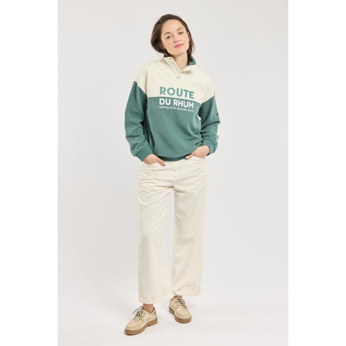 Sweat col camionneur - coton silver pine / blanc, ARMOR-LUX