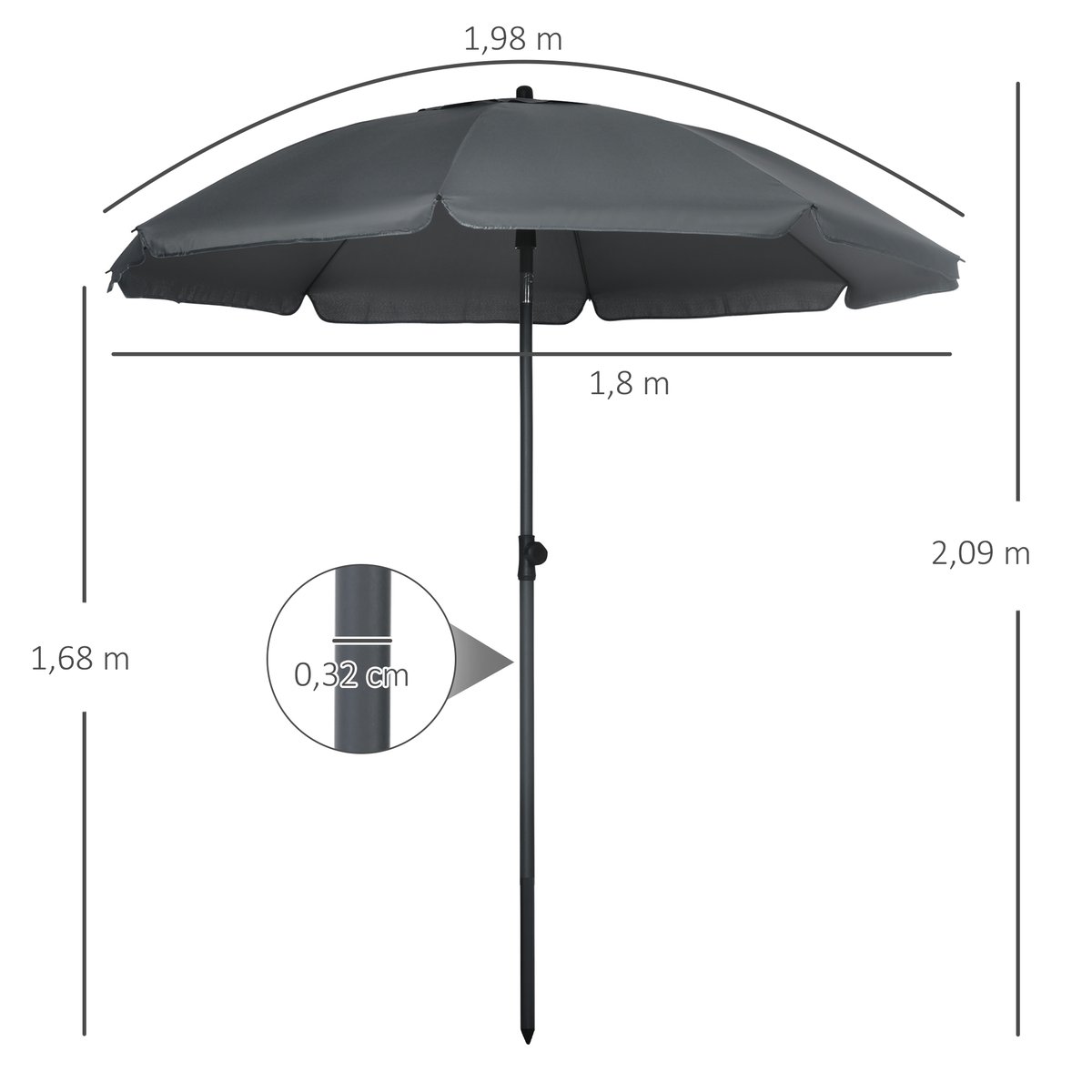 Parasol inclinable octogonal  Ø 1,8 x 2,09H m acier polyester gris gris, OUTSUNNY