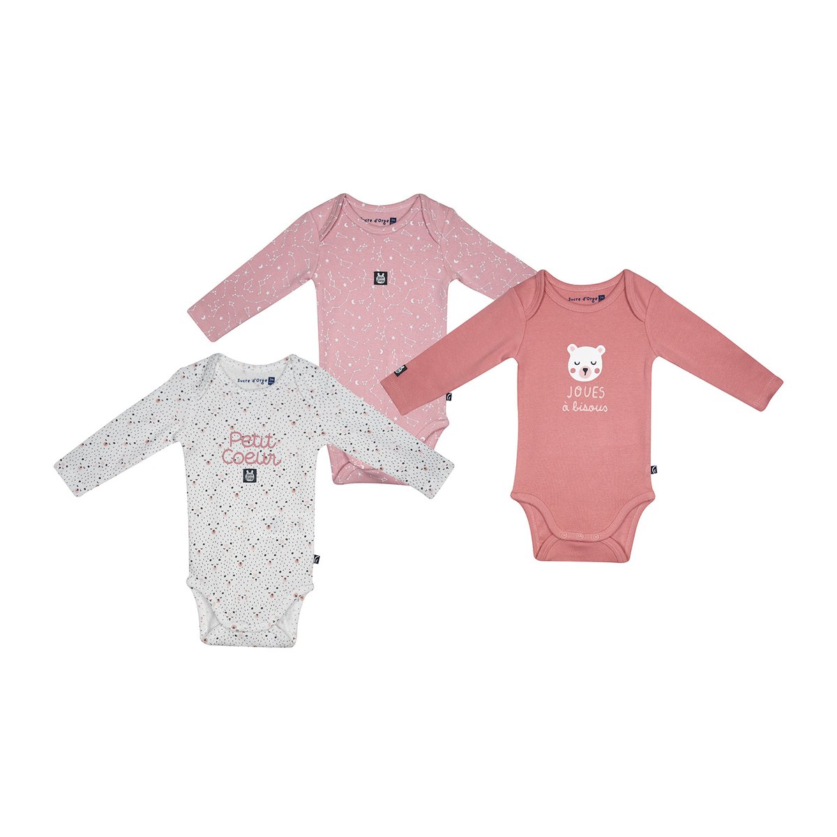 Lot de 3 bodies morgane manches longues bebe rose, SUCRE D'ORGE