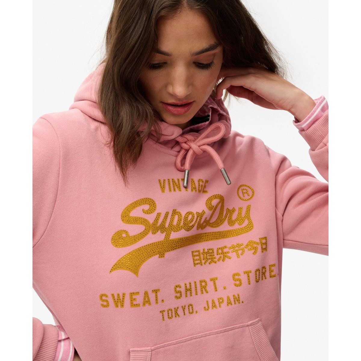 Sweat à capuche décontracté avec logo fantaisie Vintage rose fumé, SUPERDRY