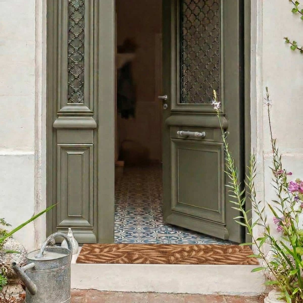 Paillasson de marche coco embossé feuillages 25x75cm marron, ORNAMI