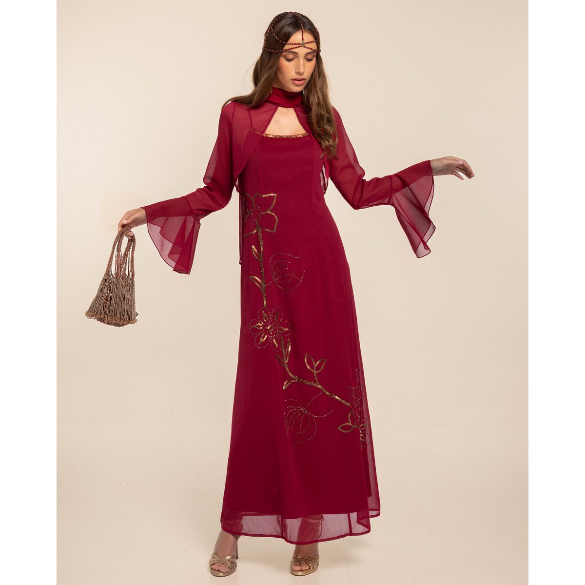Robe avec broderie de sequins et perles rouje, THE-ARE