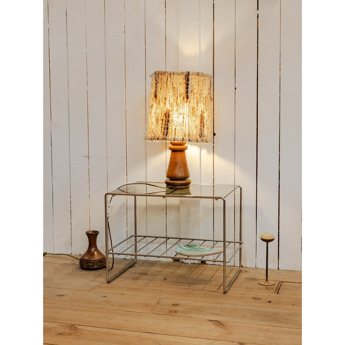 Lampe à poser en bois et laine Julia N°1131 - Bon état bois foncé, DEBONGOUT