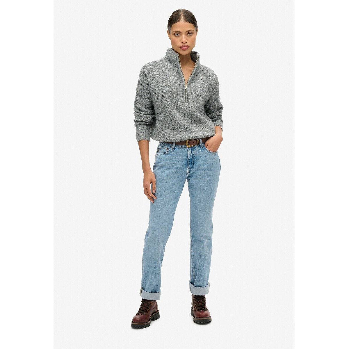 Pull camionneur Essential Zip Neck gris anthracite, SUPERDRY