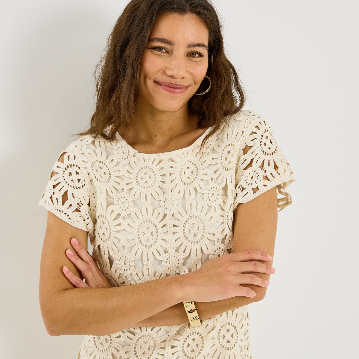Robe droite courte en crochet blanc cassé ecru, GRAIN DE MALICE