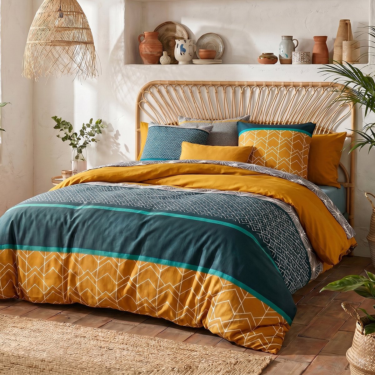 Parure imprimée avec taie(s) et housse de couette coton, Lupin multicolore, ATELIER DU COTON