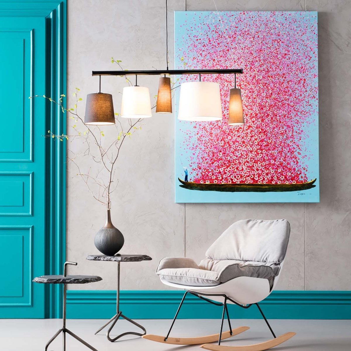 Tableau fleurs pirogue, TOUCHED bleu et rose, KARE DESIGN
