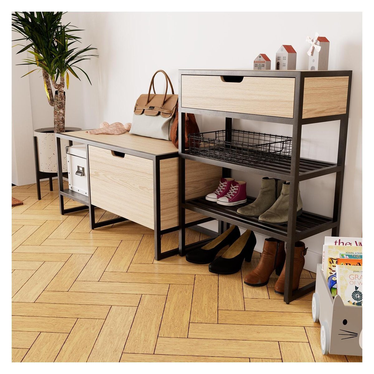 Ensemble d'entrée banc +console +miroir WILKO noir et bois, MOB IN
