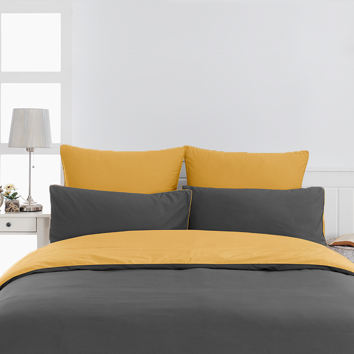 Housse de couette bicolore en percale coton DOZMARY gris perle/blanc, SENSEI MAISON