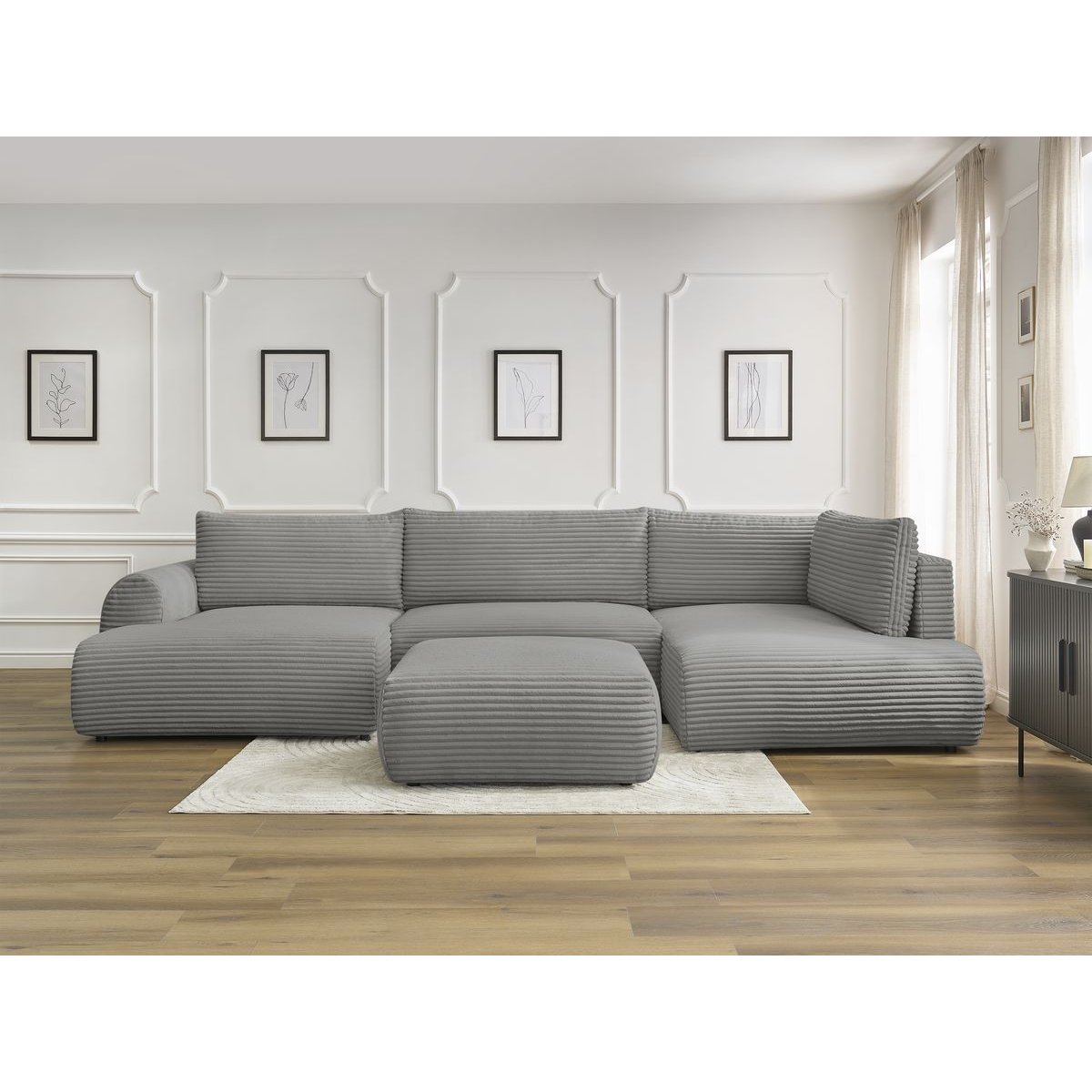 Canapé panoramique convertible 6 places en gros côtelé doux avec pouf, LUCIEN gris foncé, BOBOCHIC
