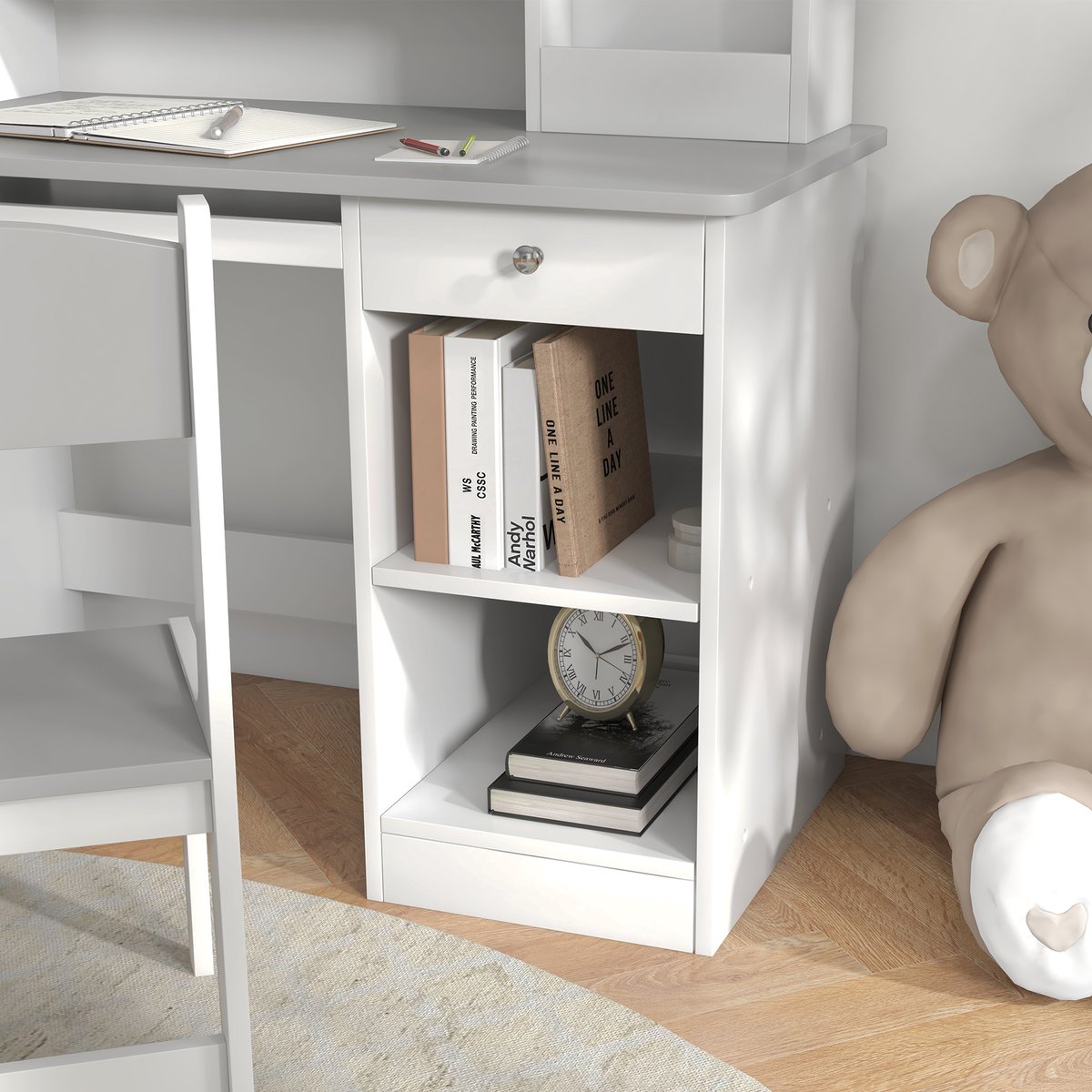 Bureau d'étude pour enfants avec chaise MDF gris et blanc, ZONEKIZ
