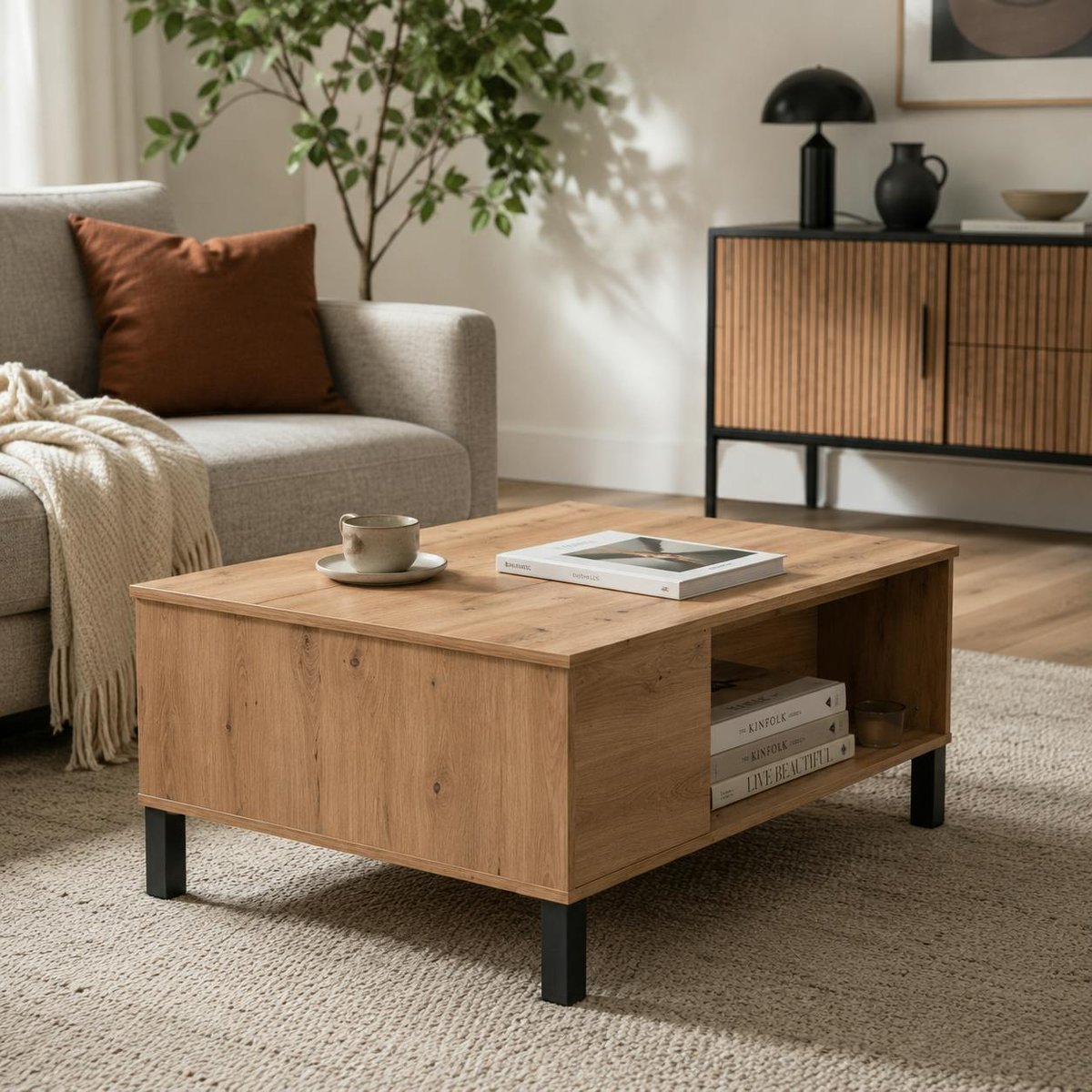 Table basse relevable effet bois avec rangement ALVA bois naturel, PIER IMPORT