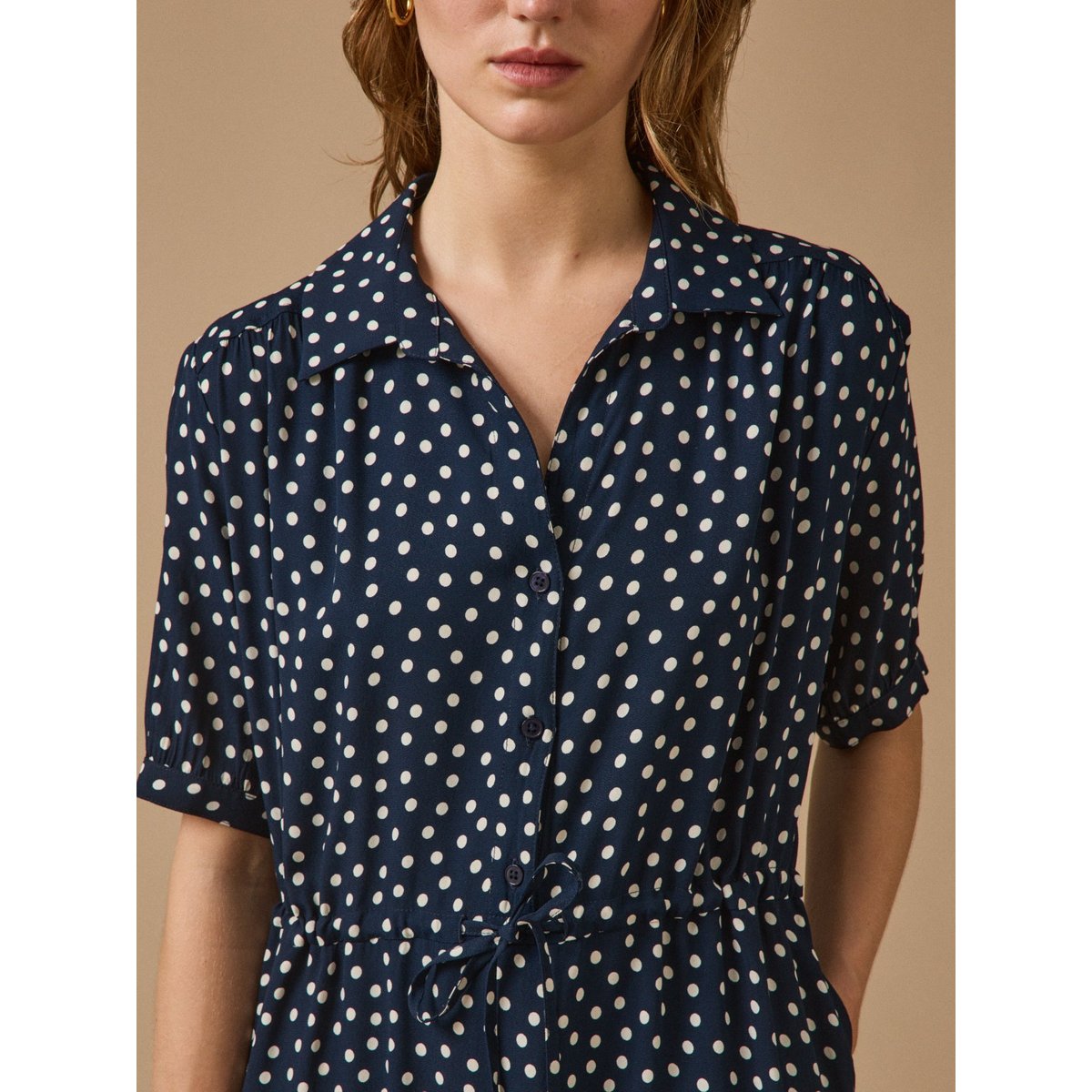 Robe sous genoux  imprimé pois pois ecru fond encre, CYRILLUS