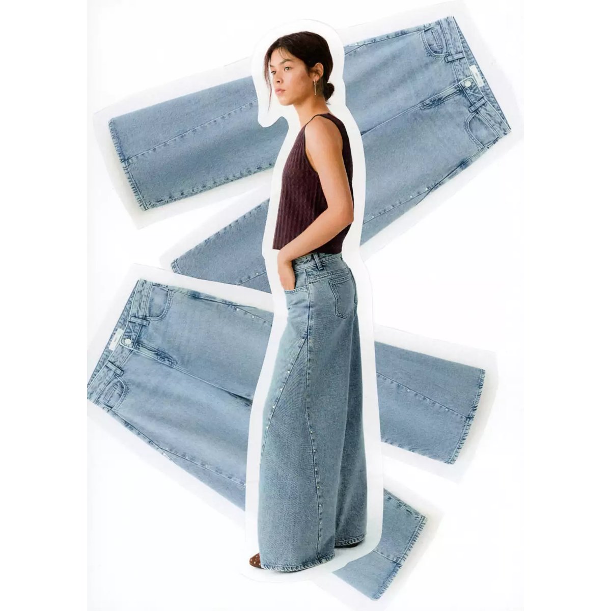 Jean wide leg coutures et clous bleu moyen, MANGO TEEN