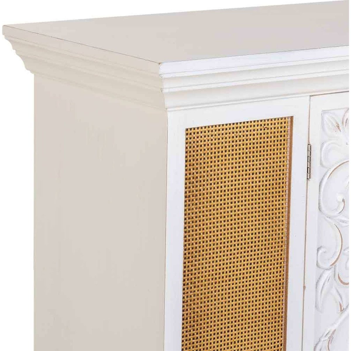 Buffet en bois patiné rectangulaire avec portes sculptées blanc patiné et cannage naturel, RECOLLECTION