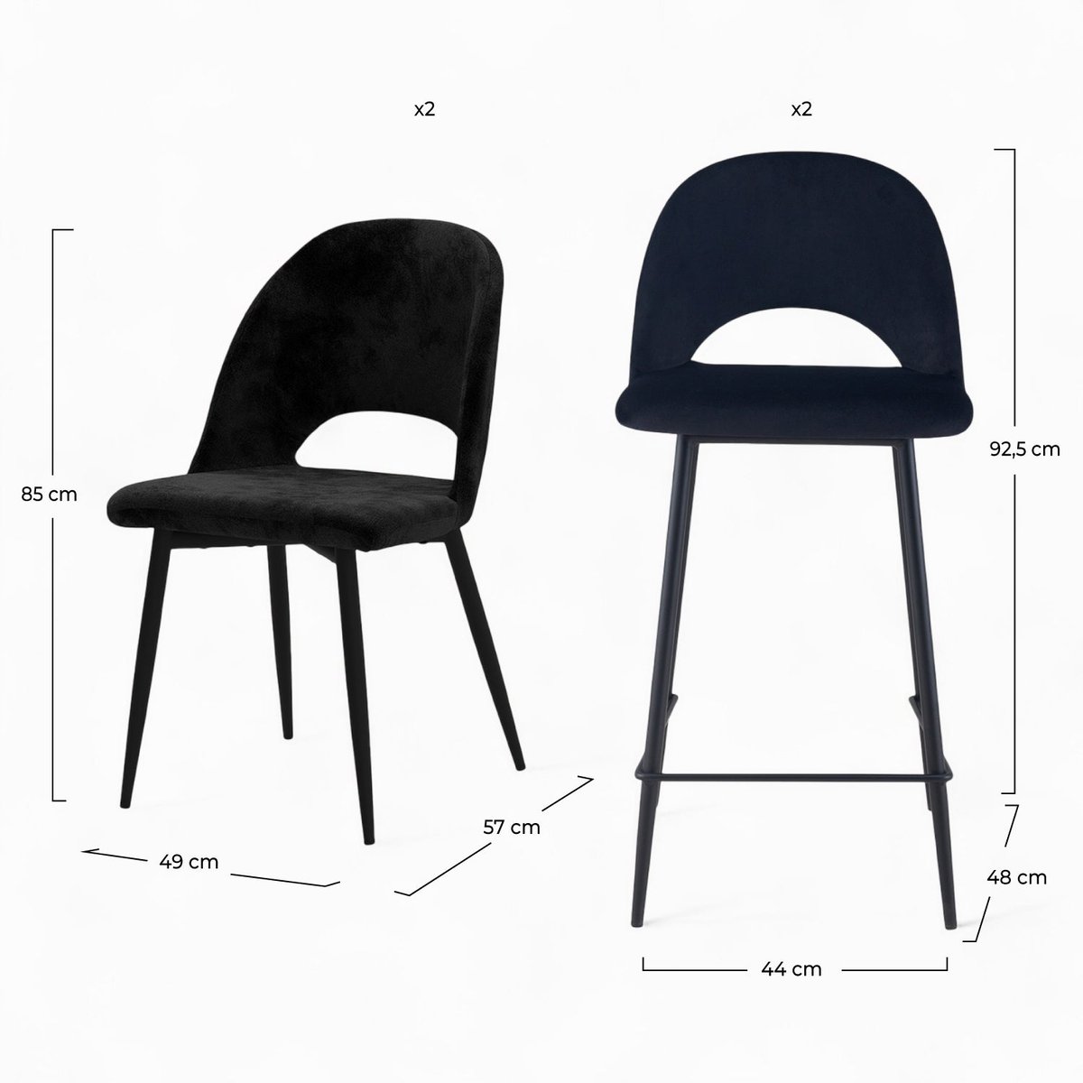 Pack 2 chaises et 2 chaises de bar 65 cm en velours - PÉNÉLOPE noir, MAISON PAVANE