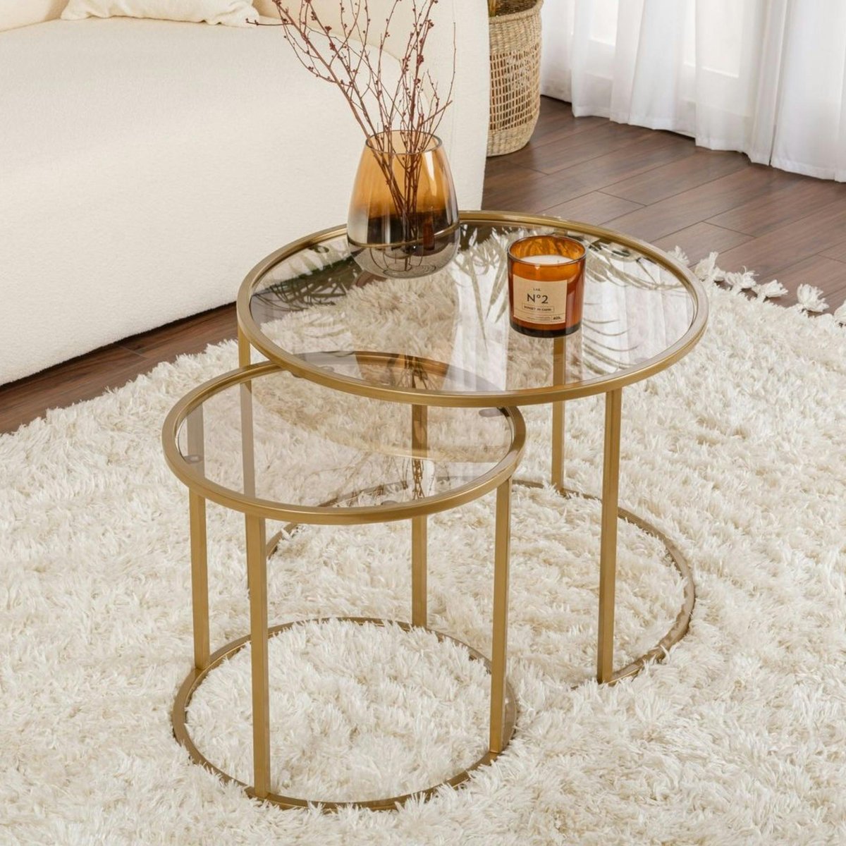 Table gigogne verre ambré - cadre doré (lot de 2) ⌀60 cm TULUM doré, PIER IMPORT