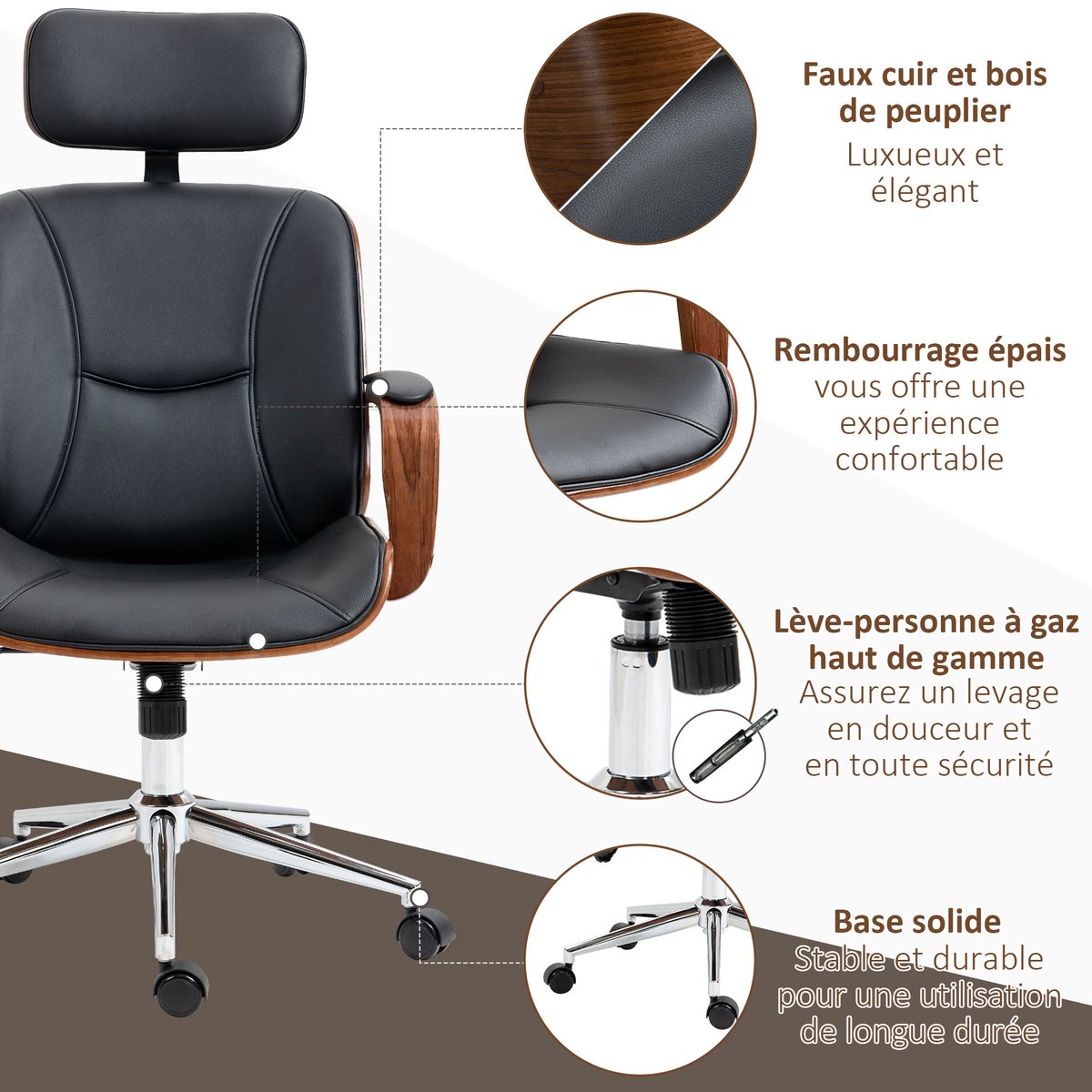 Chaise de bureau Polyuréthane Noir noir et noyer, HOMCOM