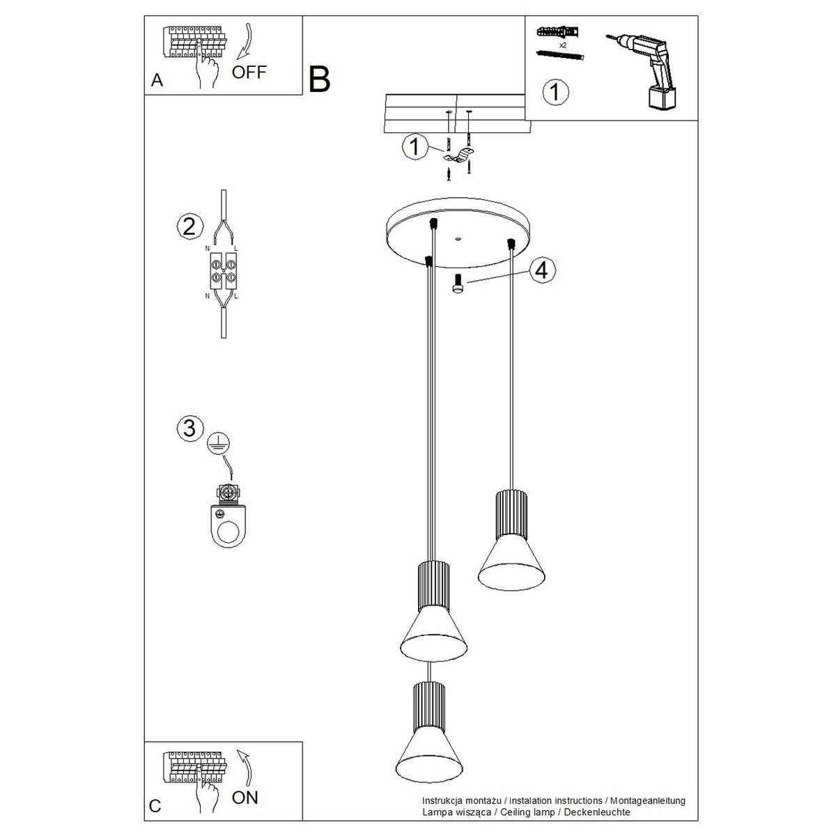 Suspension Acier Beige E14 3 Estria beige, EDEN