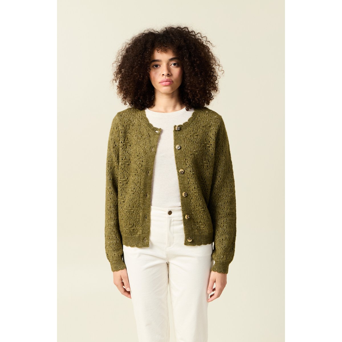 Gilet manches longues col rond vert kaki, BONOBO