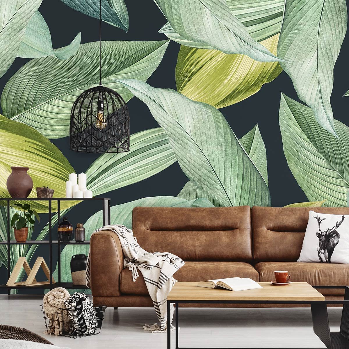 Papier peint panoramique feuilles vert lime intissé, HEXOA