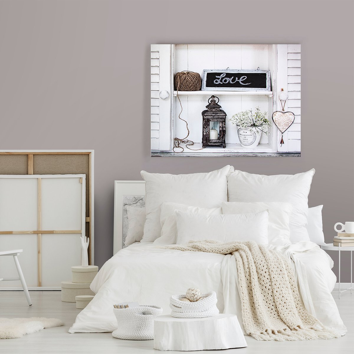 Toile Imprimée Étagère Scandi LOVE blanc, gris, ART FOR THE HOME