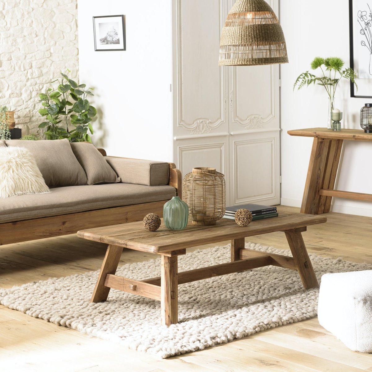 Table basse tréteaux bois recyclé 140 cm DENVER bois naturel, PIER IMPORT