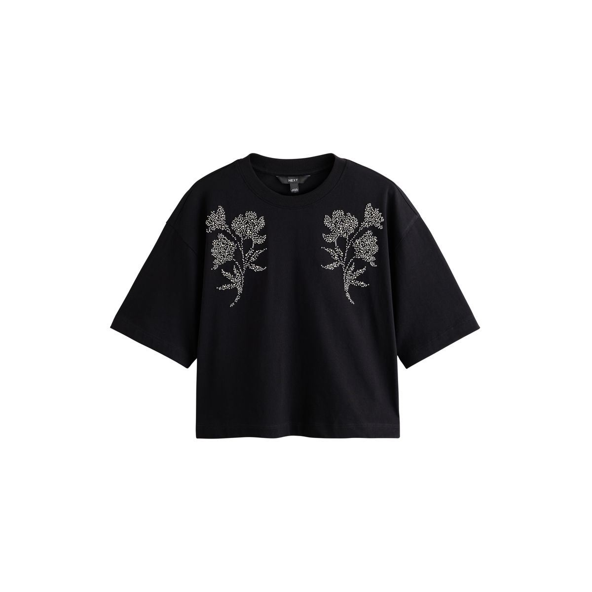 T-shirt ras du cou manches courtes et fleurs noir, NEXT