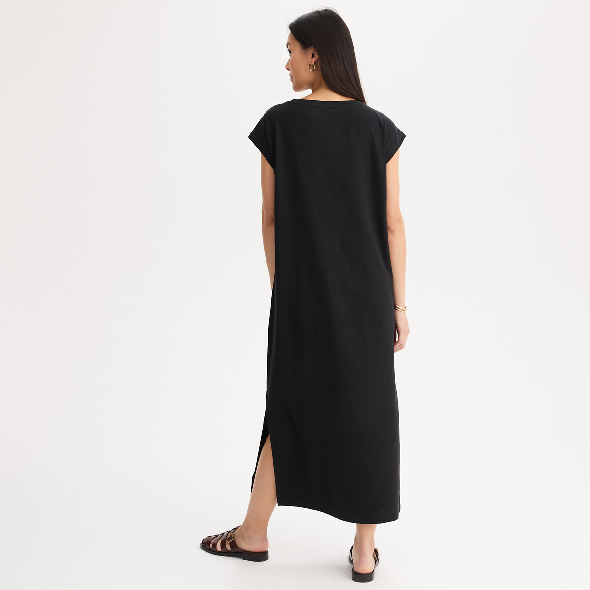 Robe T-shirt longueur midi en lin et coton noir, ANNE WEYBURN