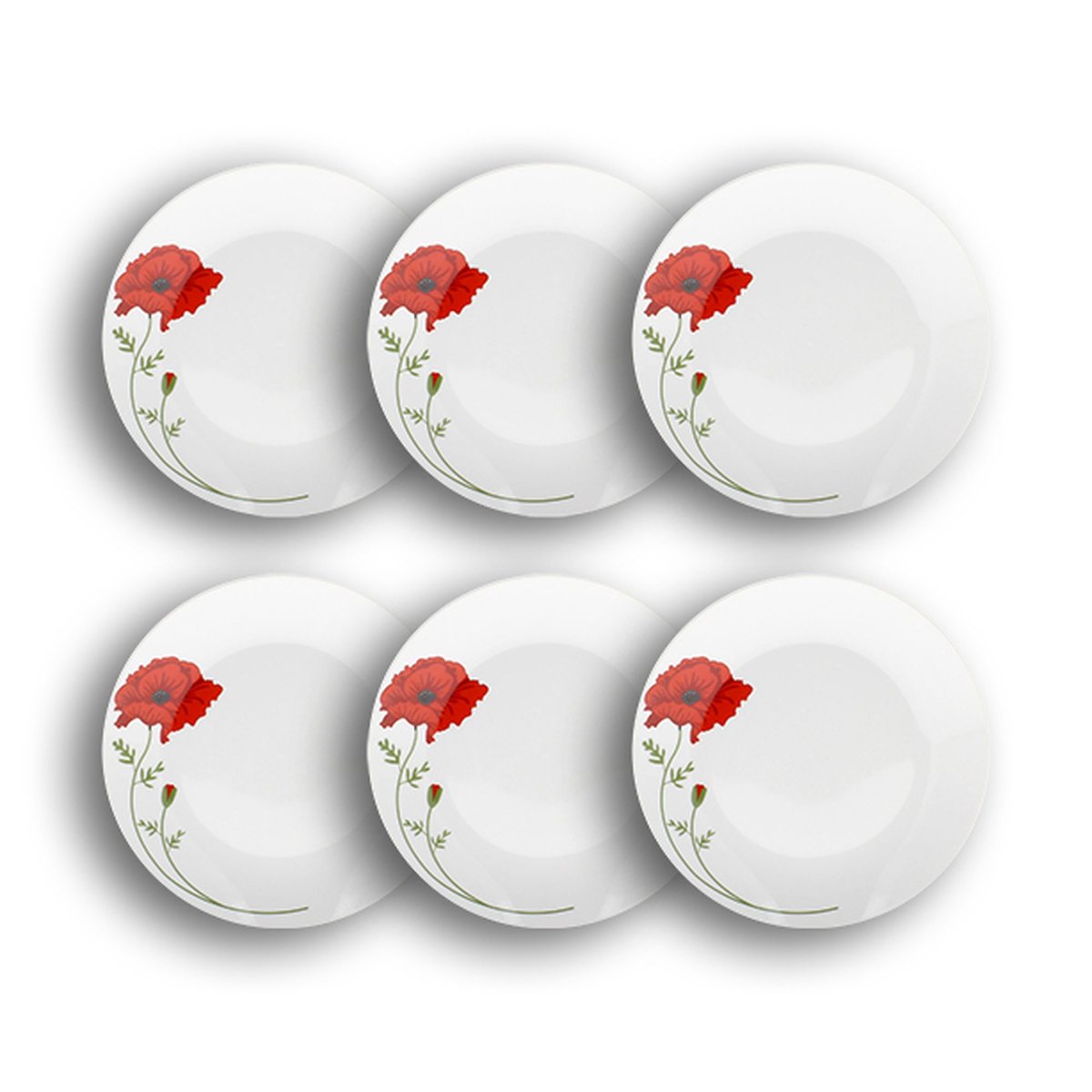 Lot de 6 assiettes desserts en porcelaine 19,5cm, COQUELICOT blanc-rouge, NOVASTYL